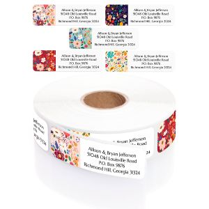 A large roll of white address labels featuring an assortment of colorful garden floral illustrations and trendy personalized typography.