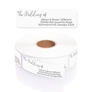 A roll of white wedding return address labels showing repeated cursive 