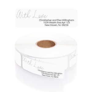Roll of With Love white personalized address labels displaying elegant script header printing and custom address text on clean background.