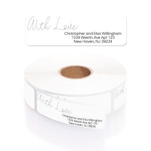 Roll of With Love white personalized address labels displaying elegant script header printing and custom address text on clean background.