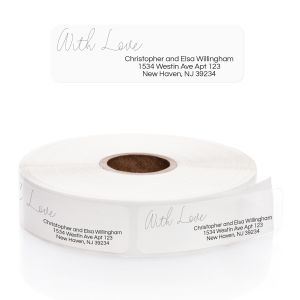Roll of clear address labels printed with repeated elegant cursive With Love script and personalized address lines wound on a core.