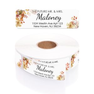 Roll of personalized Future Mr. and Mrs. rust orange floral address labels featuring custom name and address text.