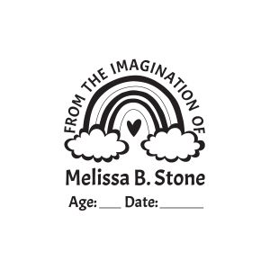 Stamped impression reading From The Imagination Of with a cute rainbow, personalized name, and blank lines for age and date.