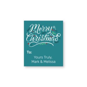 Teal Christmas gift tag label featuring script text 