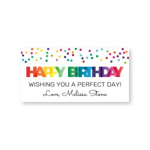 A personalized gift tag label with colorful confetti dots, vibrant 'HAPPY BIRTHDAY' lettering, a cheerful message, and custom sender name.
