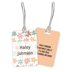 Rectangular plastic luggage tag featuring a retro pastel flower power design, clear strap, and custom name 