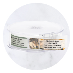 Personalized rolled address label featuring wildlife and scenic nature illustrations by Current Labels.