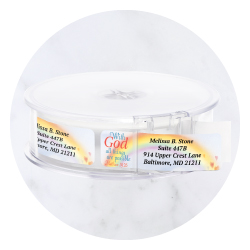 Current Labels personalized rolled address label with religious symbols and inspirational design elements.