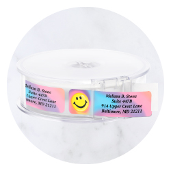 Current Labels whimsical rolled address label featuring playful patterns and bright, cheerful colors.