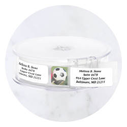Personalized rolled address label depicting sports equipment and hobby-related icons from Current Labels.