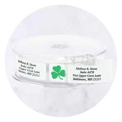 Current Labels green rolled address label featuring lucky shamrocks and Irish-themed graphics.