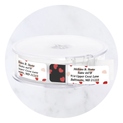 Current Labels romantic rolled address label featuring heart patterns and red accents.