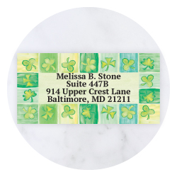Luck-themed St. Patrick's Day sheeted address labels with green shamrocks by Current Labels.