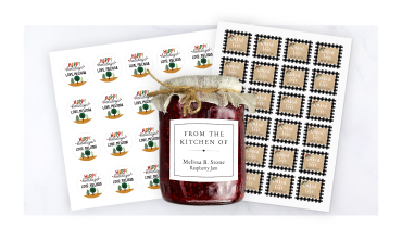 A sheet of holiday baking labels next to a glass jar of homemade food, featuring rustic border patterns and custom text options.