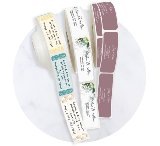 Collection of Designer Rolled Address Labels featuring elegant floral and nature-themed patterns.