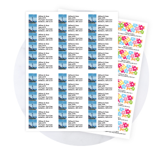Sheeted Address Labels with colorful floral designs for easy flat storage.