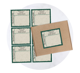 Personalized shipping labels featuring decorative and holiday-themed borders.