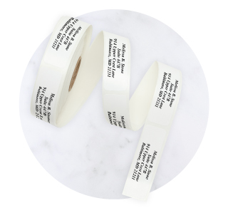 Roll of classic white Current Labels return address labels with black text.
